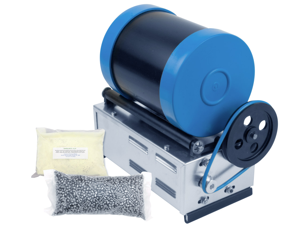 What are the contents of the 3lb Barrel Tumbling Machine starter kit with a barrel polisher?